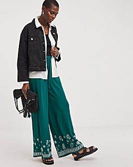 Green Embroidered Crinkle Wide Leg Trousers