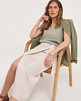 Stone Linen Mix Midi Wrap Skirt