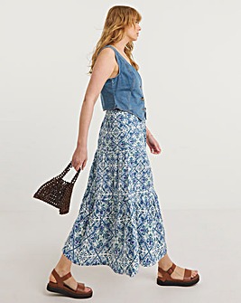 Blue Print Cheesecloth Tiered Midi Skirt