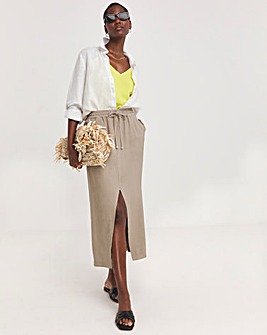 Taupe Soft Pull On Midi Column Skirt