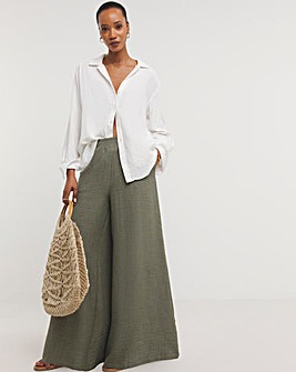 Khaki Textured Wide Leg Palazzo Trousers