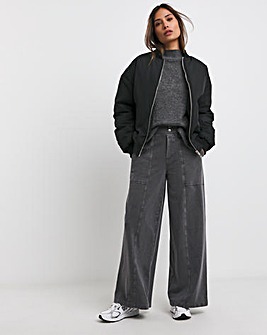 Washed Grey Cotton Mix Jersey Wide Leg Trouser