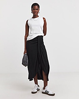 Black Crinkle Pull On Jersey Midi Wrap Skirt