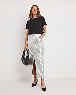 Metallic PU Leather Look Column Maxi Skirt