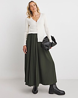 Dark Olive Pleat Front Jersey Pull On Midaxi Skirt