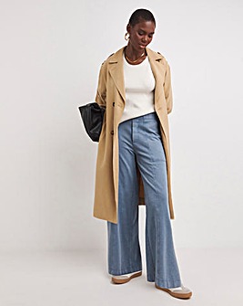 Washed Blue Cotton Mix Jersey Wide Leg Trouser