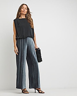 Grey Ribbed Velvet Jersey Wide Leg Pull On Trousers