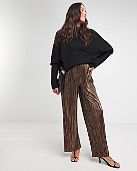 Metallic Copper Plisse Stretch Wide Leg Trousers