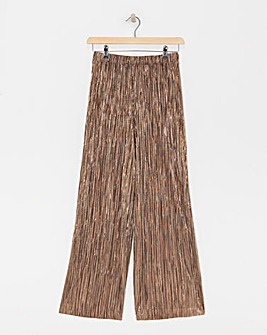 Metallic Copper Plisse Stretch Wide Leg Trousers