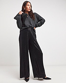 Black Sequin Stretch Pull On Palazzo Trousers