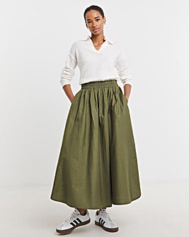 Olive Pull On Cotton Rich Maxi Skirt