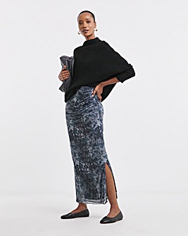 Printed Mesh Ruched Column Maxi Skirt