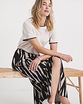 Mono Print Faux Wrap Pull On Midi Skirt