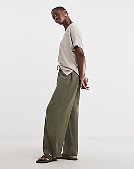 Khaki Linen Mix Wide Leg Trouser