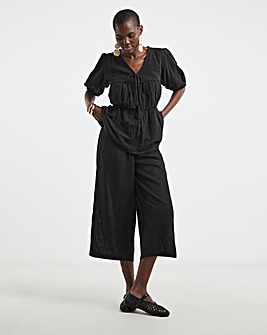 Black Linen Mix Cropped Wide Leg Culottes