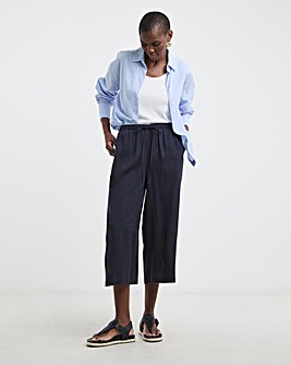 Navy Linen Mix Cropped Wide Leg Culottes