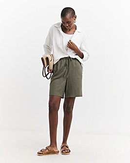 Khaki Linen Mix Knee Length Shorts