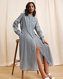 Anise Coralie Embroidered Sleeve Button Front Cotton Dress