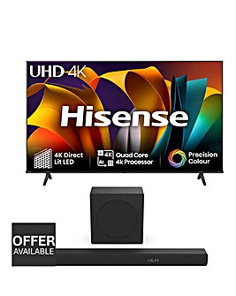 Hisense 65in 65A6NTUK Smart 4K UHD HDR LED TV and 3.1ch 180W Soundbar Bundle