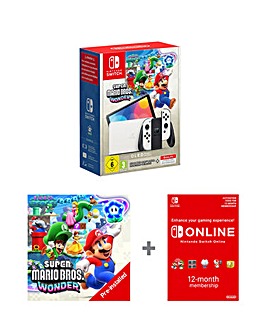 Nintendo Switch OLED White Mario Bros Wonder & 12 Months Switch Online Bundle