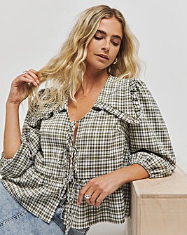 Gingham Tie Front Collared Blouse