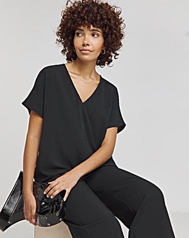 Black V Neck Textured Boxy Blouse