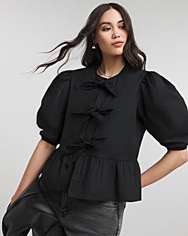 Tie Front Puff Sleeve Smock Top