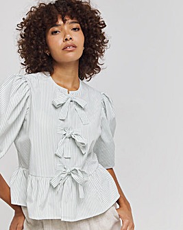 Tie Front Puff Sleeve Smock Top