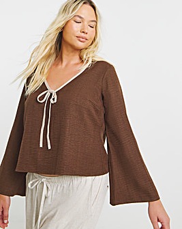 Contrast Trim Tie Front Blouse