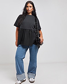 Black Jersey Poplin Mix Drawstring Waist Smock Top