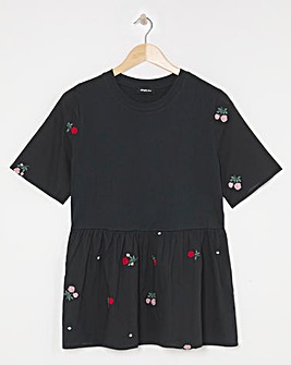 Simply Be Embroidered Red Floral Jersey Lightweight Poplin Mix Top