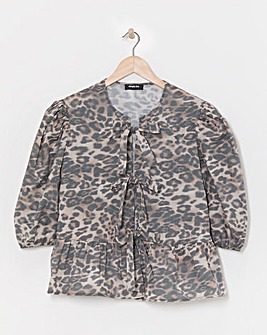 Leopard Tie Front Puff Sleeve Smock Top