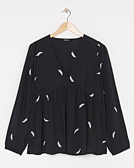 Feather Embroidered Puff Sleeve Blouse