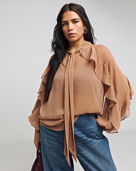 Tie Neck Sheer Frill Cuff Blouse