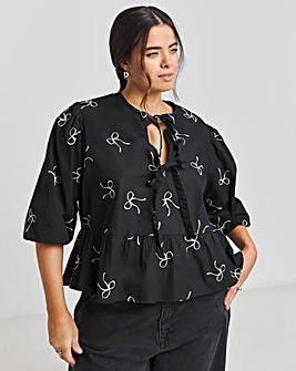 Embroidered Bow Front Blouse