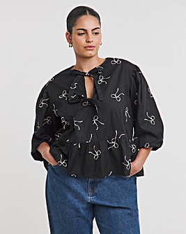Embroidered Bow Tie Front Blouse