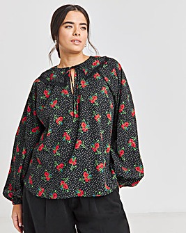 Ditsy Floral Print Blouse with Lace Trim Collar