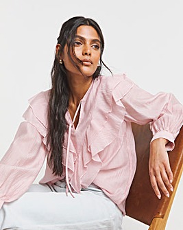 Blush Ruffle Sheer V Neck Blouse with Tie Neck Detailing