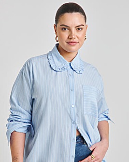 Blue Stripe Ruffle Trim Collar Shirt