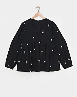 Embroidered V Neck Floral Long Sleeve Blouse