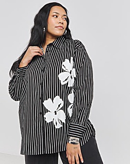 Placement Print Oversized Striped Poplin Shirt