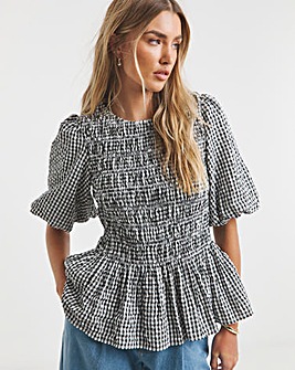 Gingham Shirred Waist Blouse