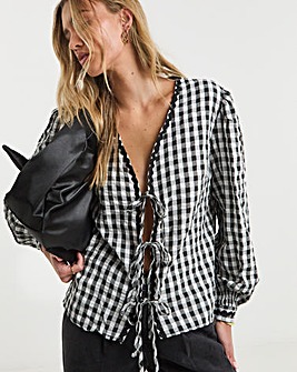 Gingham Tie Front Long Sleeve Blouse