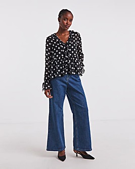 Spot Print Ruffle Front Blouse