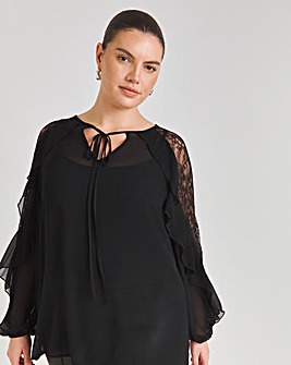 Black Lace Mix Ruffle Blouse