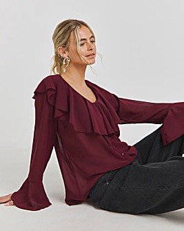 Wine Romantic Ruffle Button Through Blouse