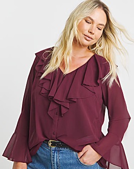 Wine Romantic Ruffle Button Through Blouse