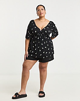 Black Ditsy Crinkle Short Sleeve Tie Front Blouse