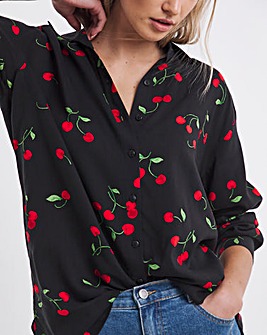 Cherry Print Long Sleeve Viscose Relaxed Shirt