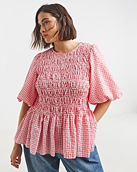 Pink Gingham Seersucker Shirred Blouse